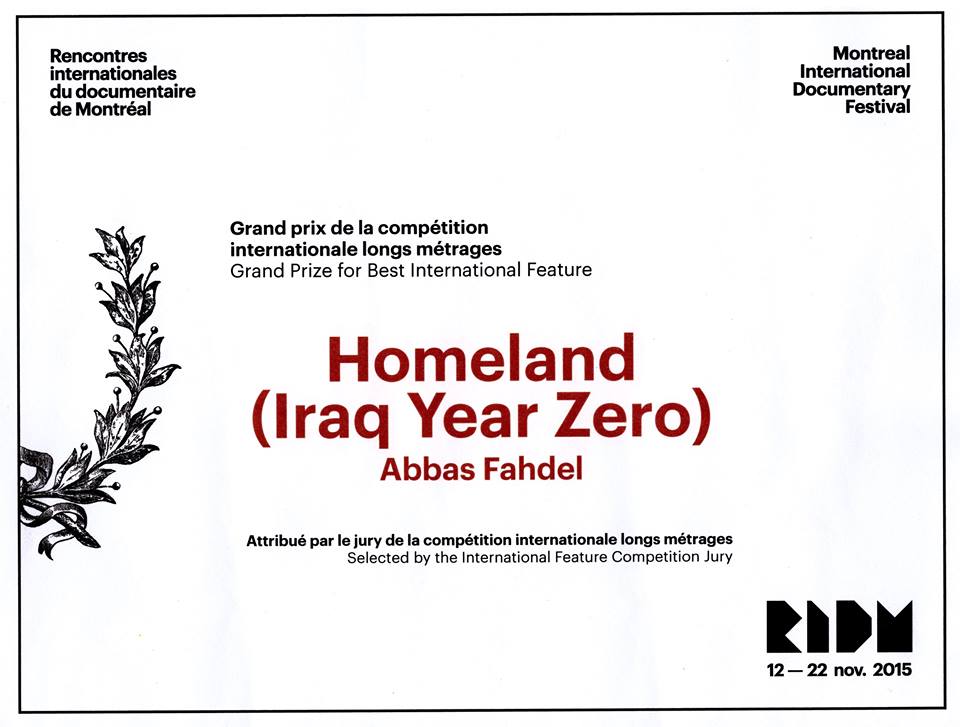  Homeland : Iraq Year Zero remporte les deux principaux prix des RIDM (Rencontres Internationales du Documentaire de Montréal): Le Grand Prix  Le Prix du Public